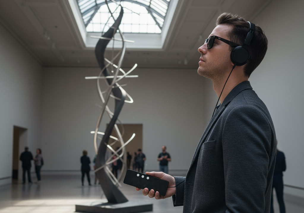 Visitante com deficiência visual interagindo com a tecnologia de audiodescrição em um museu